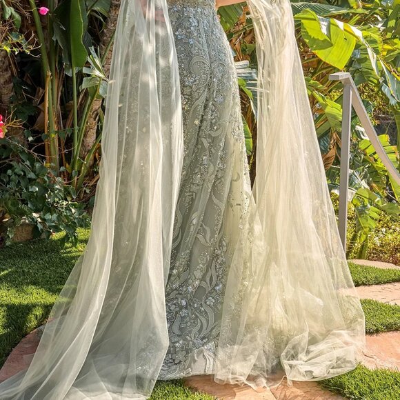 New Rhinestones Embellished Mesh MOB Gown w/ Cape Sleeves & Layered Skirt GL3838 - Picture 14 of 14